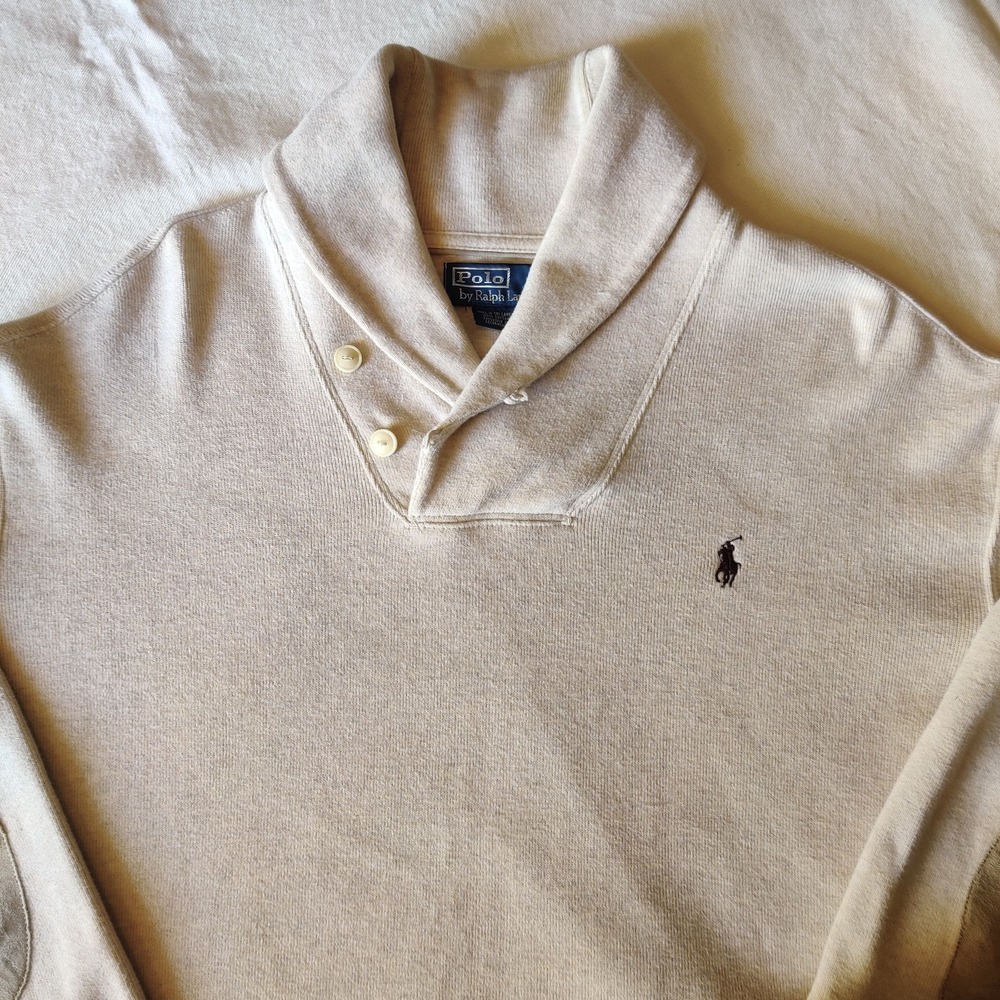 Polo Ralph Lauren Shawl Collar Sweater Men's XL  Rib Pullover Cream Elbow Pads